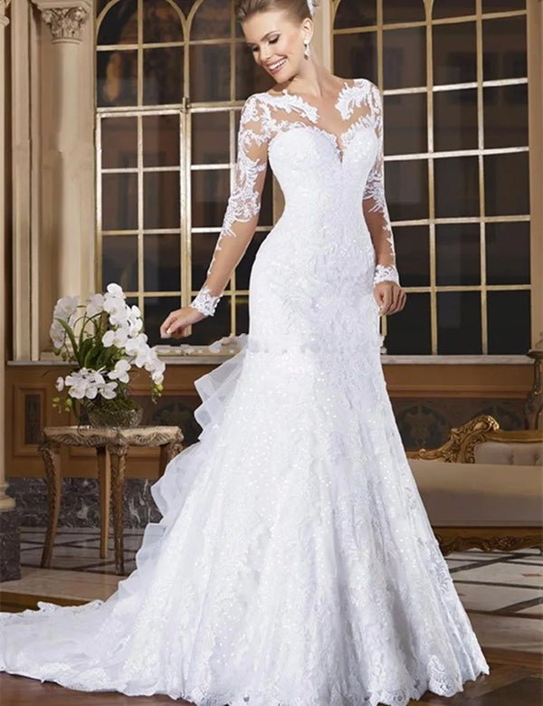 Sheer Neck Illusion Mermaid Wedding Dress with Lace Appliques